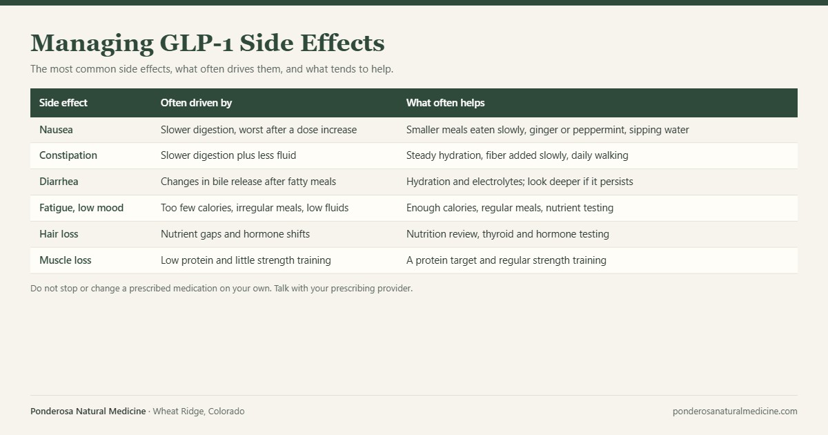 Table of common GLP-1 side effects, what often drives them, and what tends to help